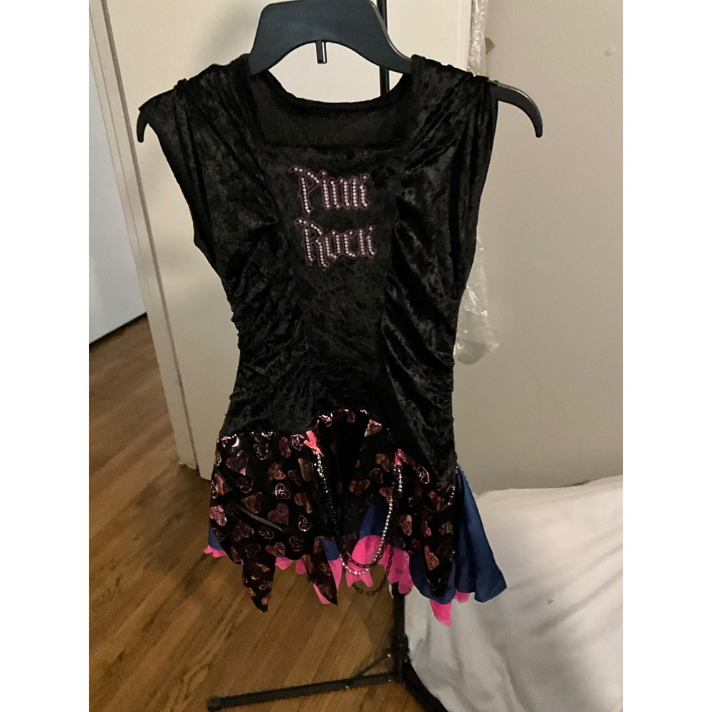 Rubies Pink Rock Star Costume Dress Kids Large 12-14 Black Velvet Ruched Heart